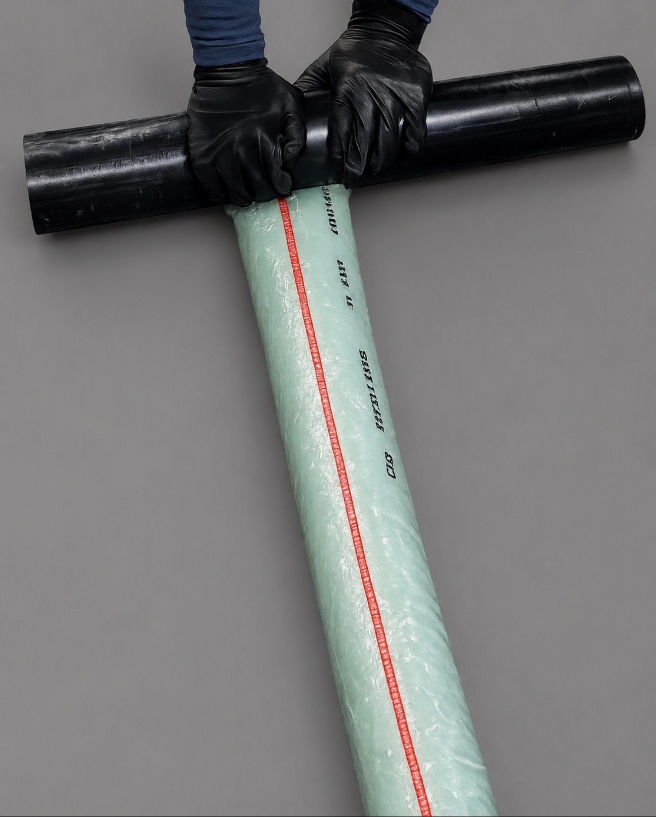 Technician in black gloves positioning resin-saturated green CIPP liner alongside black ABS sewer pipe before insertion